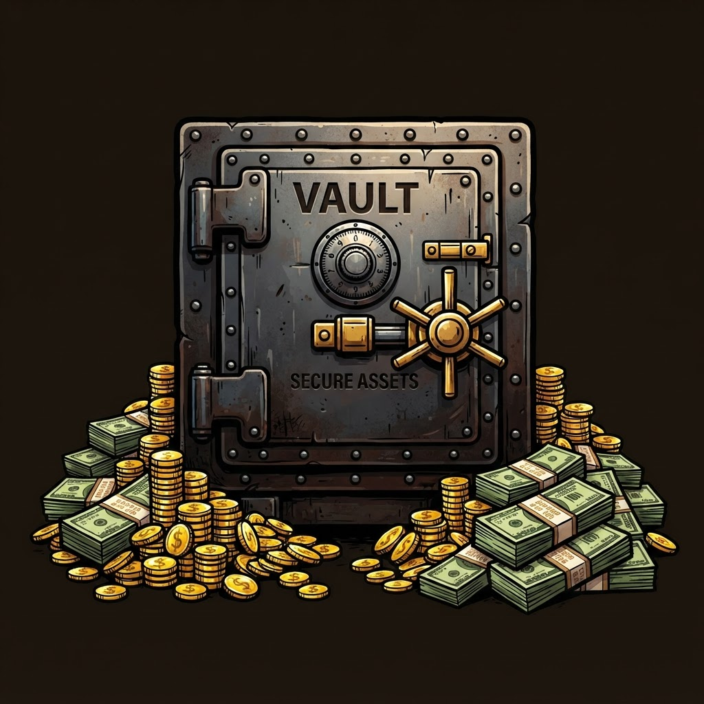 Heavy metal bank vault safe surrounded by gold coins